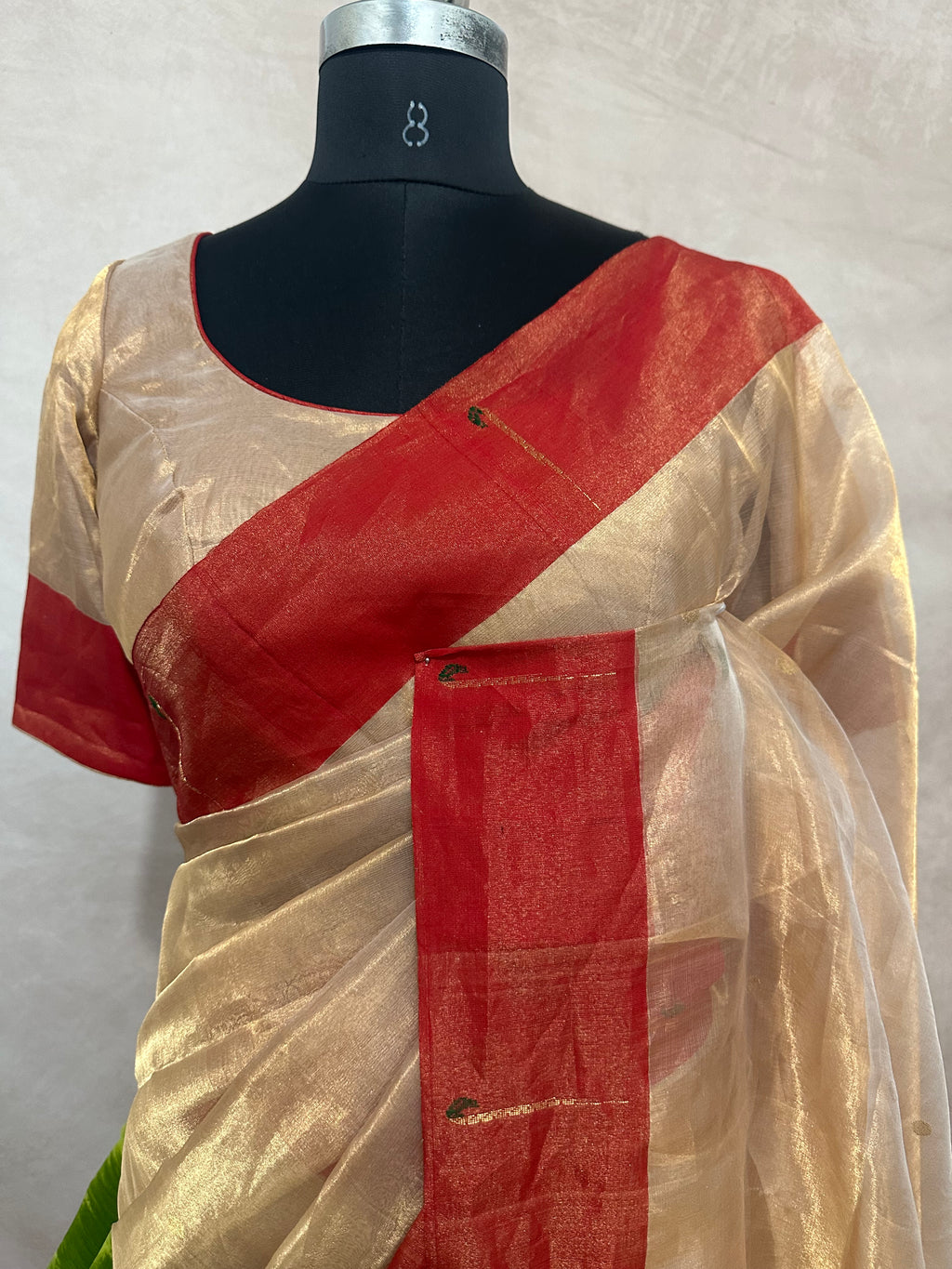 Tissue Chanderi handloom saree with red border and muniya weave, stitched blouse