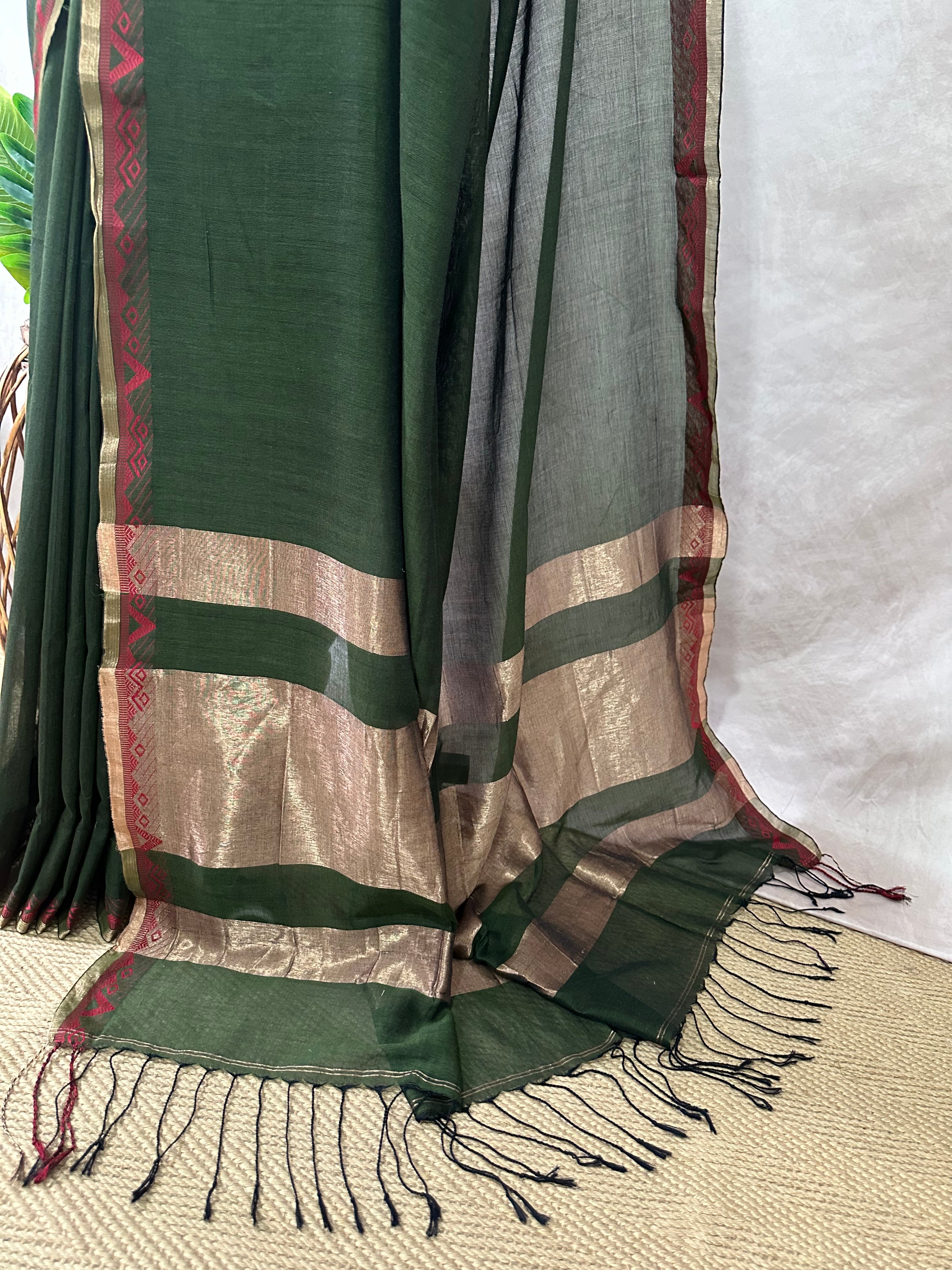 Cotton handloom saree with zari and red thread weave