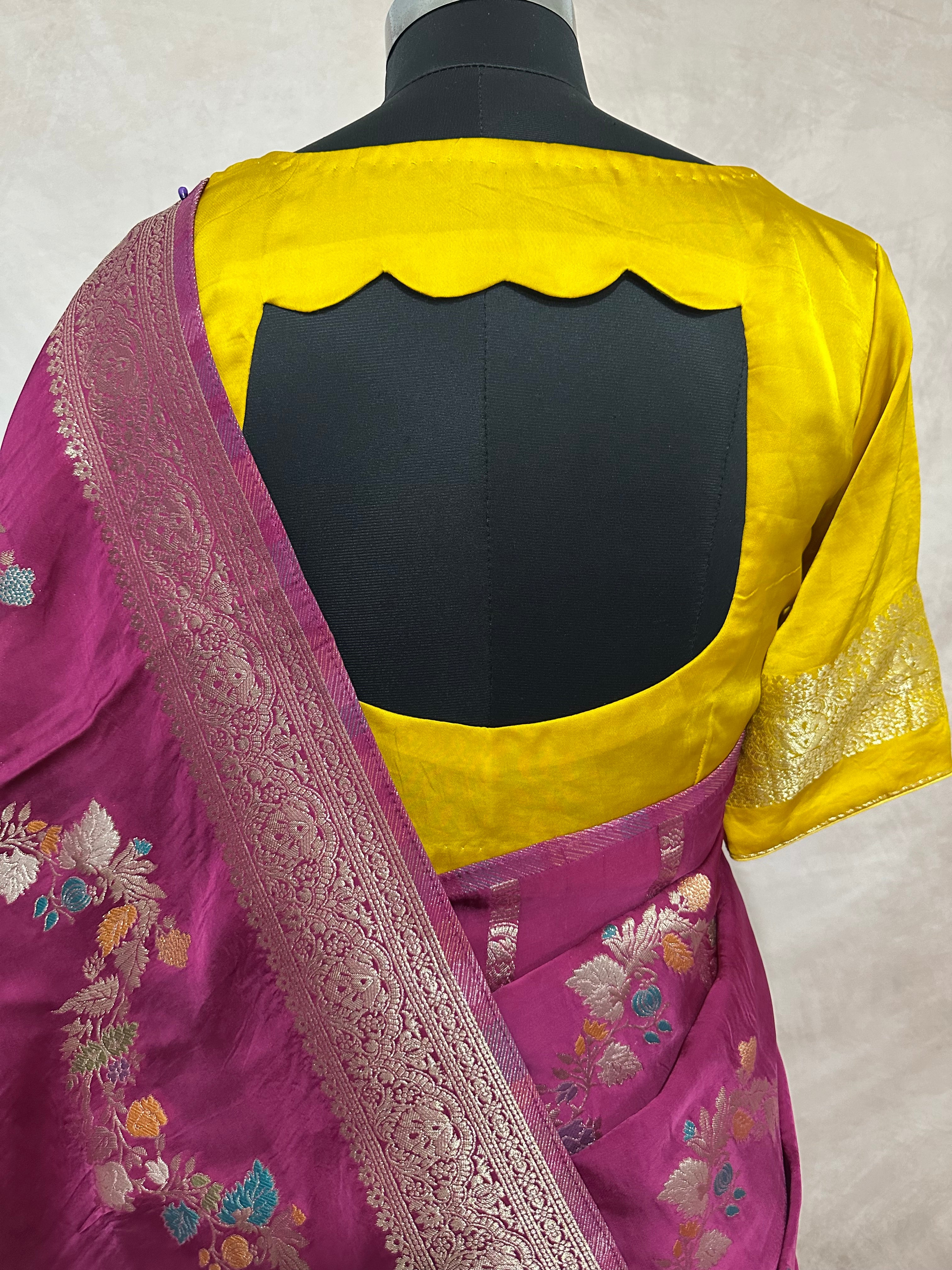 Semi crepe georgette saree with meenakari waeve and contrast bllouse