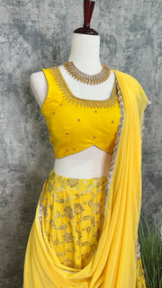 Yellow Banarsi Skirt with Blouse and Dupatta