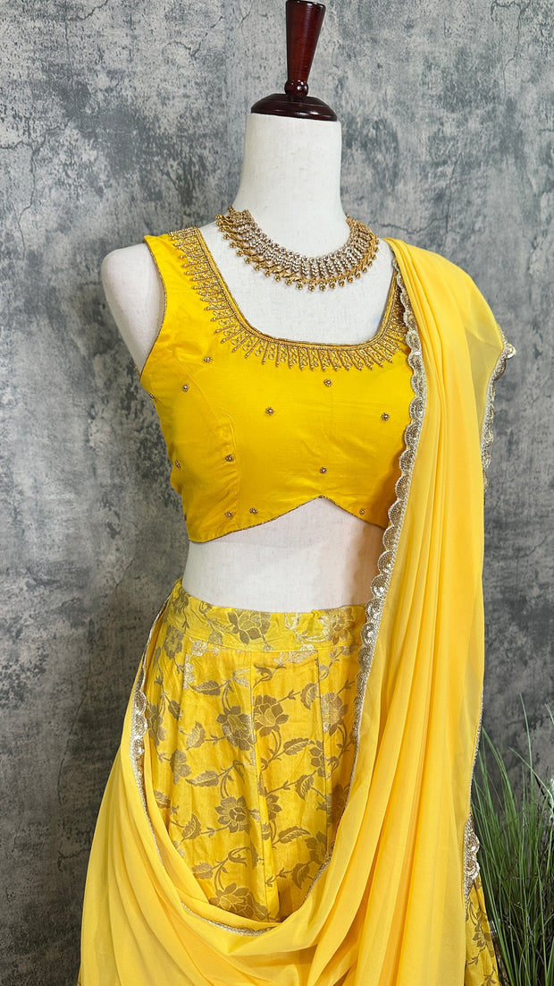 Yellow Banarsi Skirt with Blouse and Dupatta