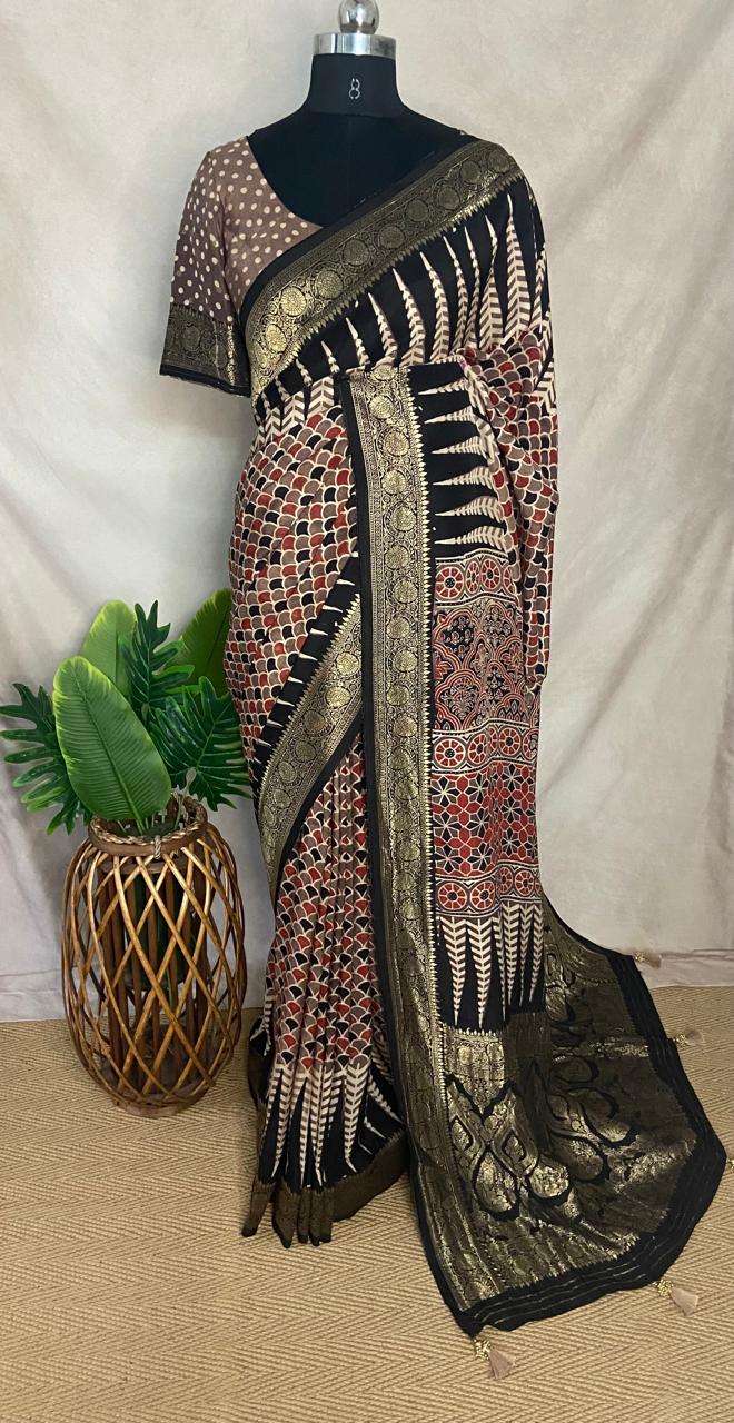 Ajrakh hand block printed premium dola silk saree with stitched blouse