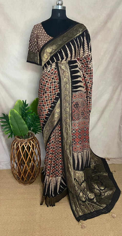 Ajrakh hand block printed premium dola silk saree with stitched blouse