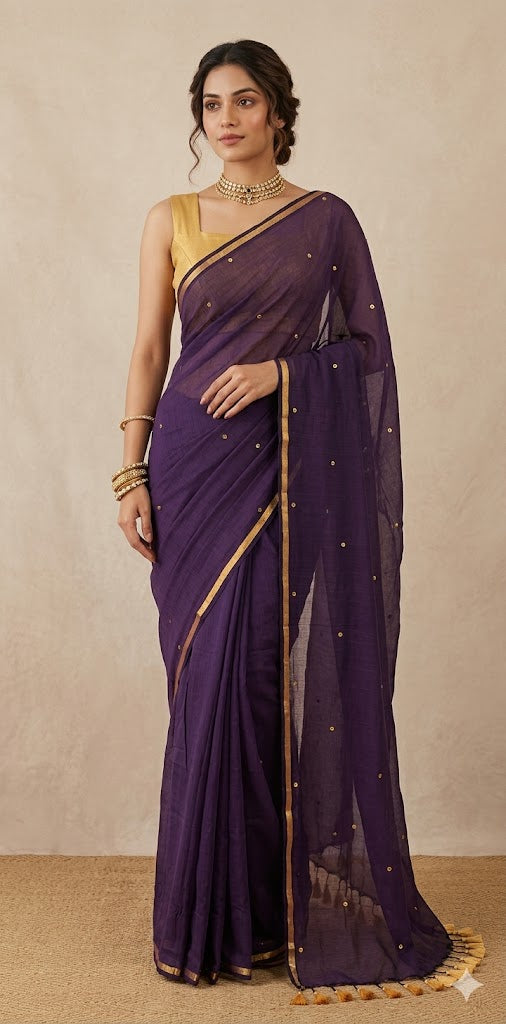 Pure mulcotton saree with sequins
