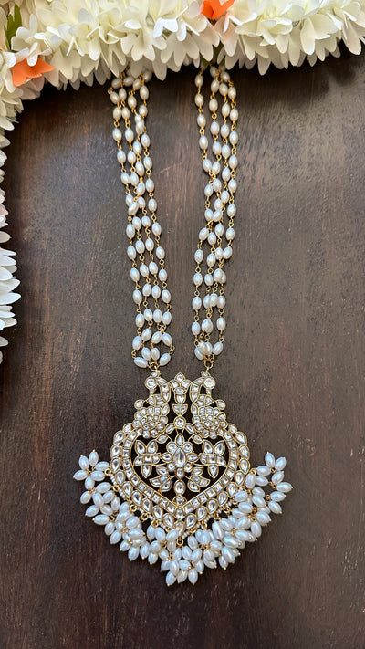 Jadau kundan pendent with 4 line pearl chain