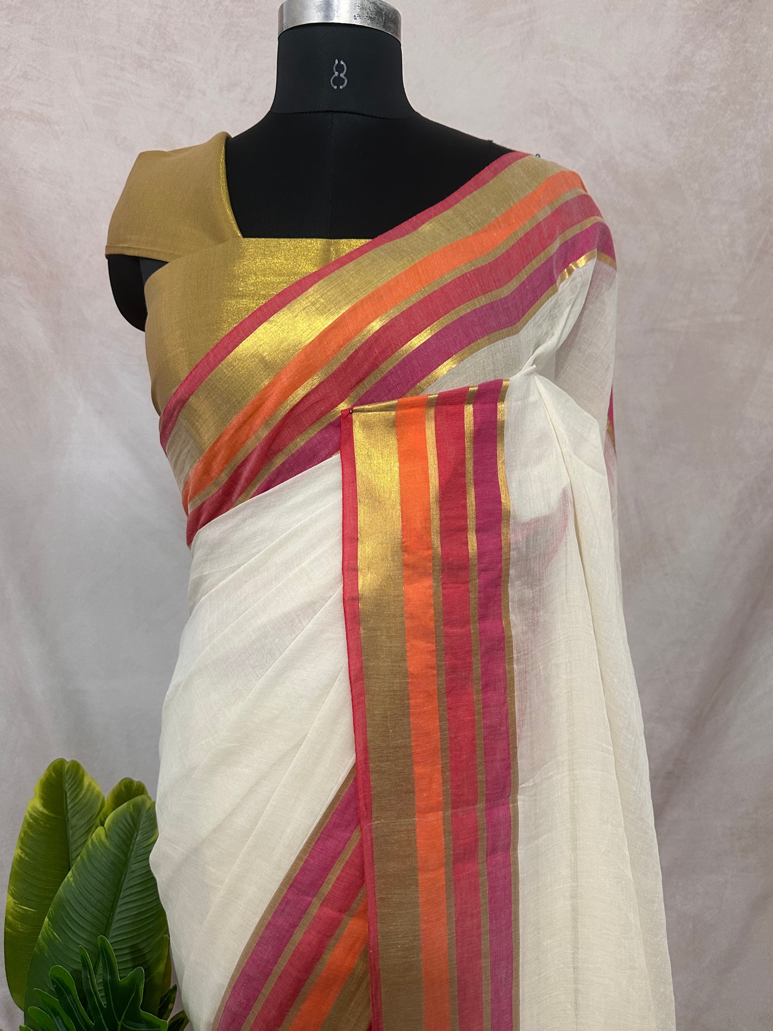 Red orange and pink border 120 count mulcotton saree