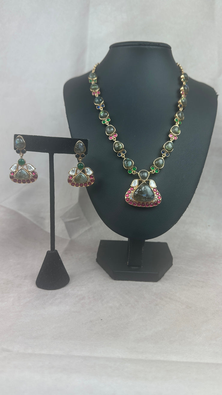 Semi precious gem stone and moissanite necklace