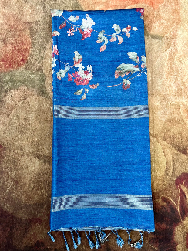 Blue floral printed semi tussar silk saree with stitched blouse