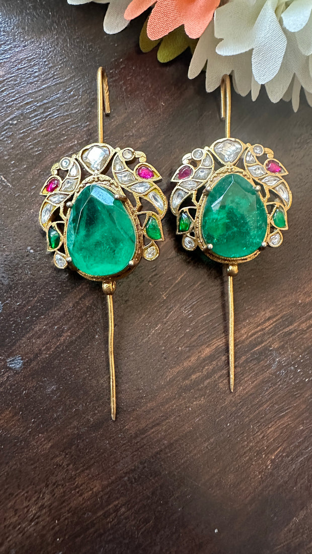 Multi color kundan stone emrald green gem stone ear pin/cuff