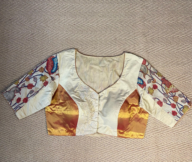 Sandalwood color silk blouse with pichwai and kantha work