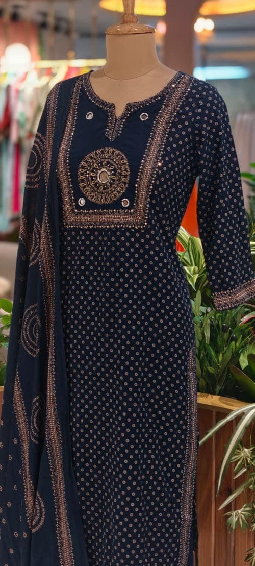 Navy blue cotton kurti with bottom dupatta