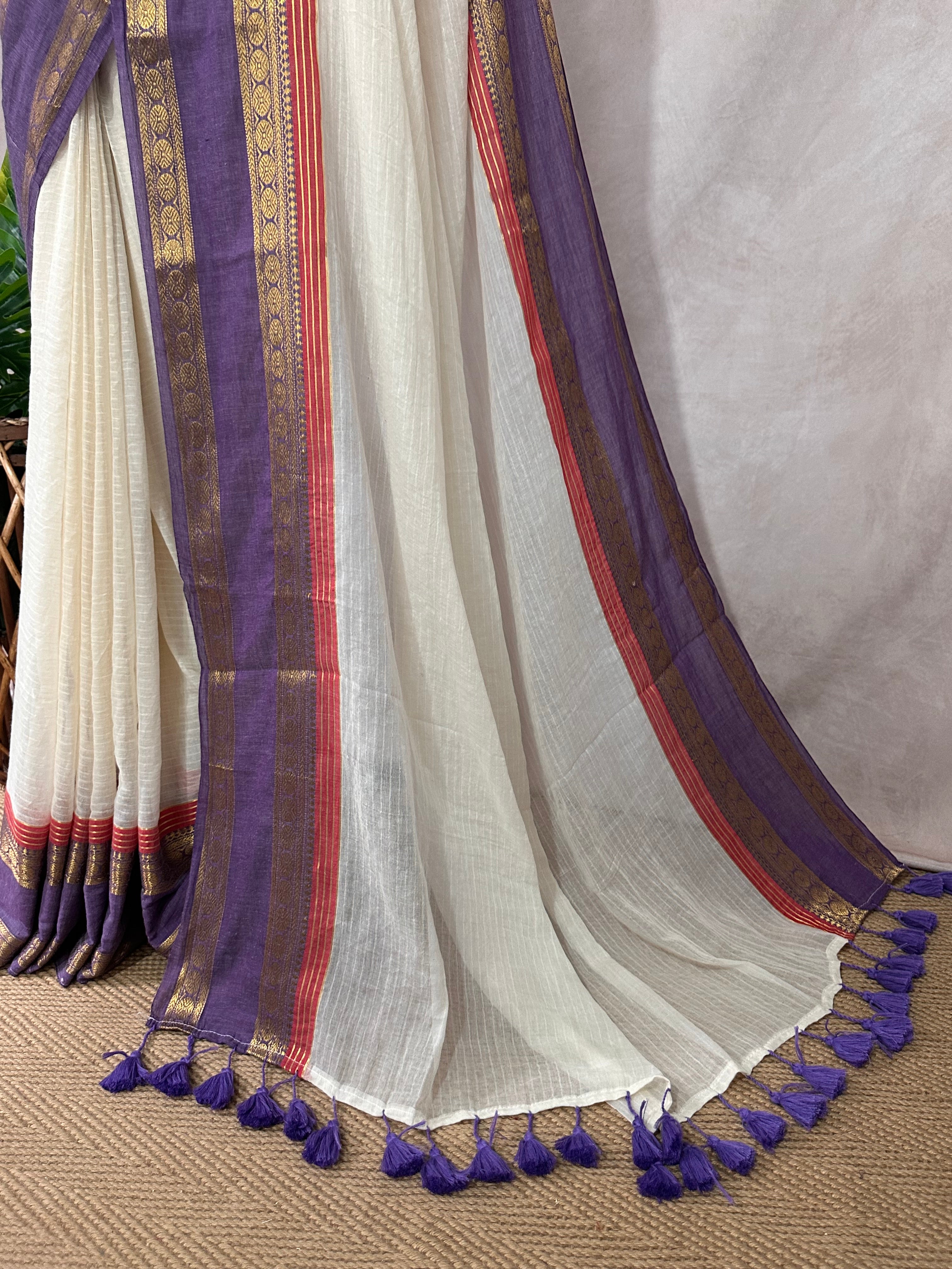 Purple kanchi border 120 count mulcotton saree