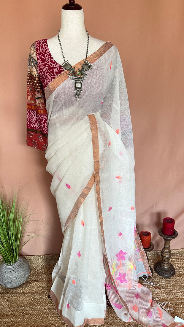 White  tissue linen saree with jamdani weave, with BP