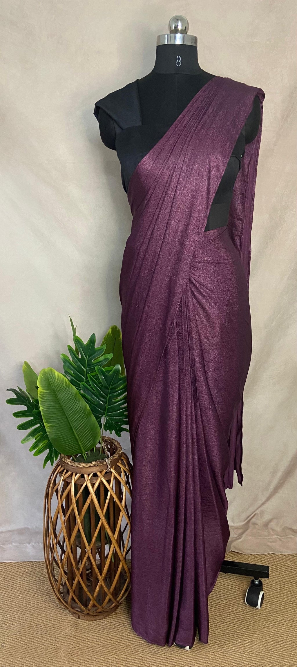 Ready made pre pleated Light eggplant crushed tissue crepe saree