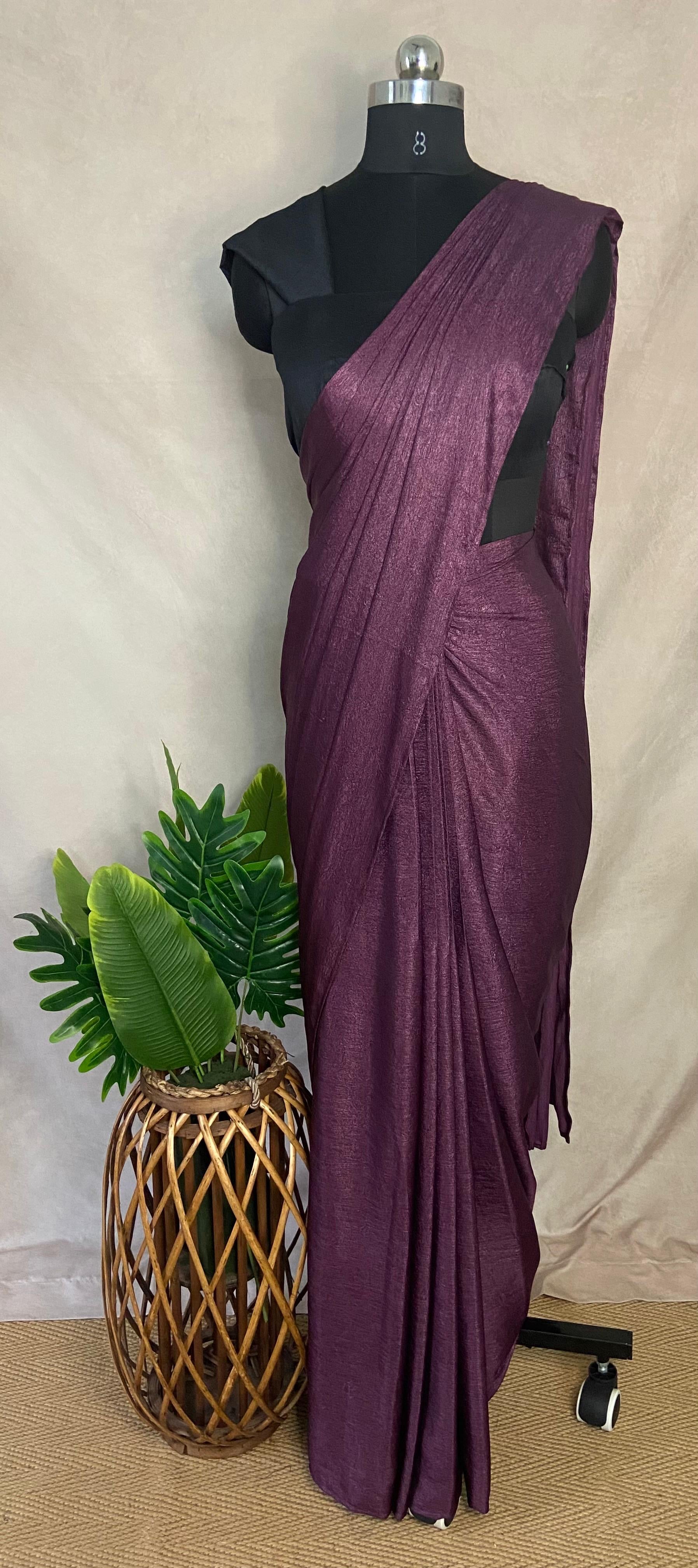 Ready made pre pleated Light eggplant crushed tissue crepe saree