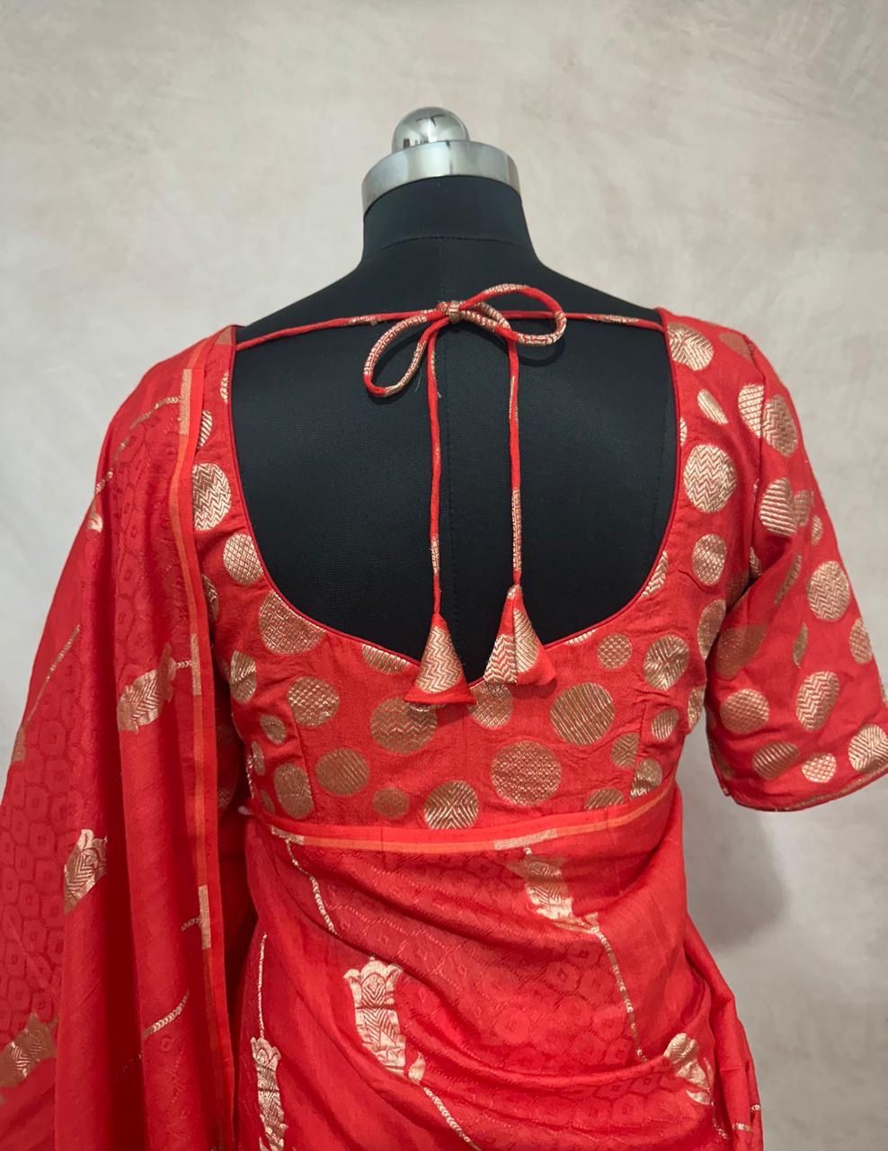 Red munga silk saree with stitched blouse