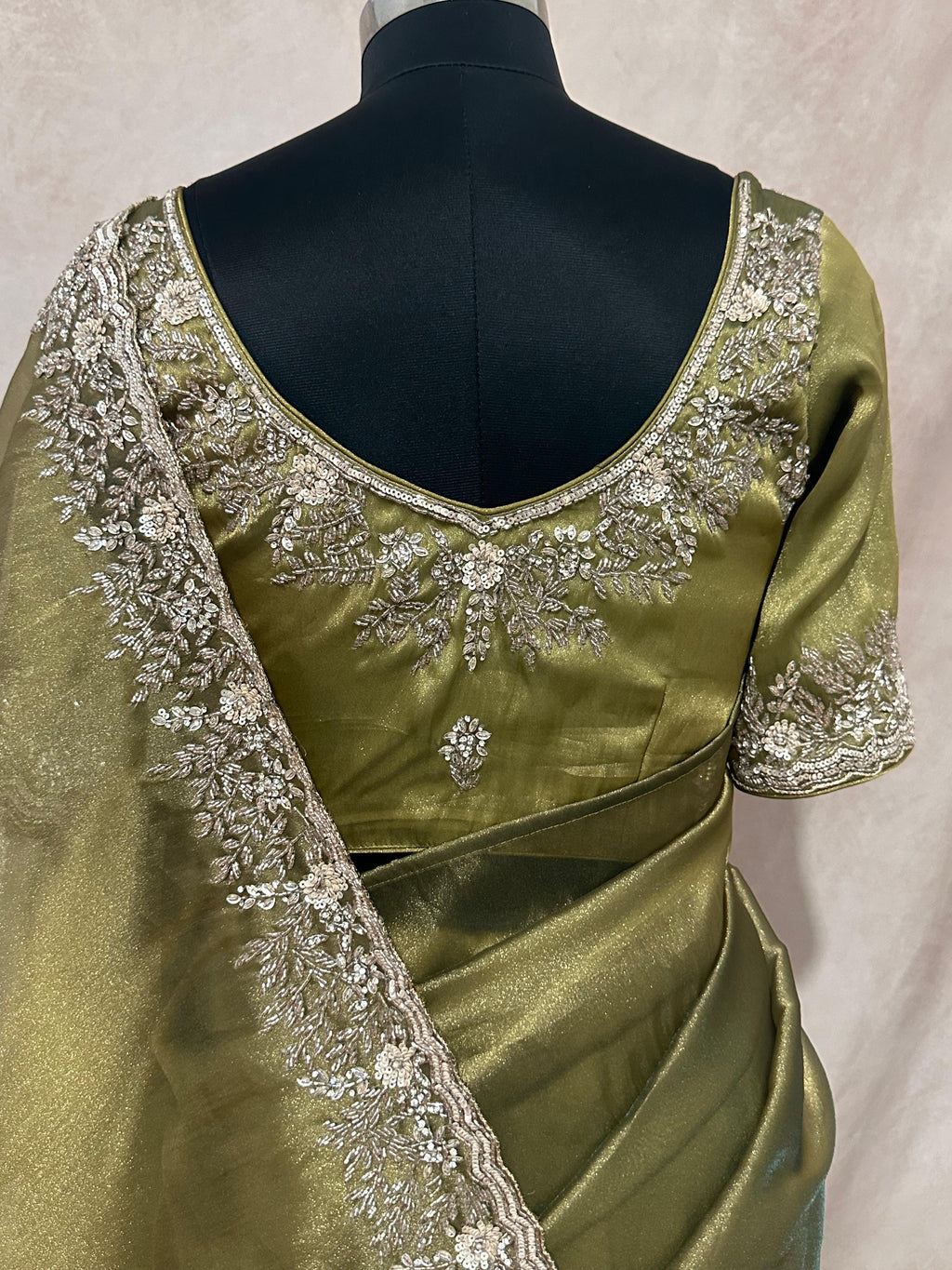 Olive green Green tissue designer saree with stitched blouse and under skirt