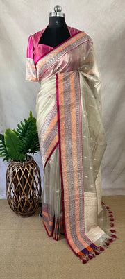 Cora tissue silk saree with multi color banarsi Border, with stitched blouse