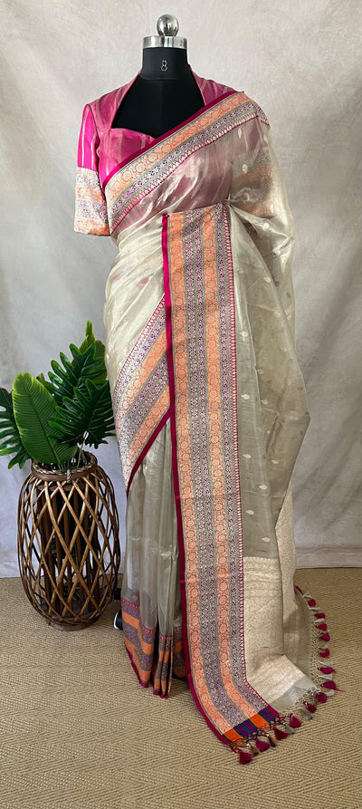 Cora tissue silk saree with multi color banarsi Border, with stitched blouse