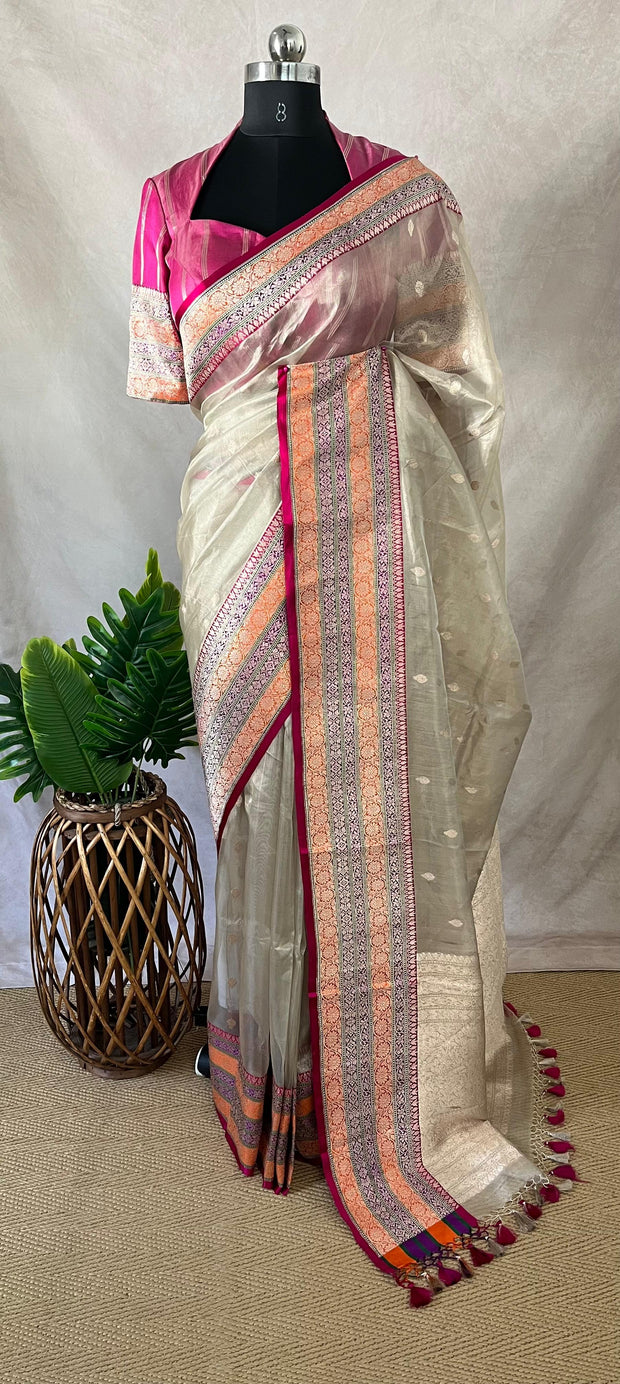 Cora tissue silk saree with multi color banarsi Border, with stitched blouse