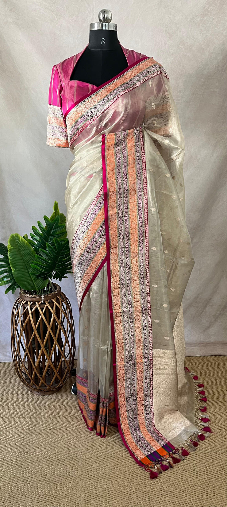 Cora tissue silk saree with multi color banarsi Border, with stitched blouse