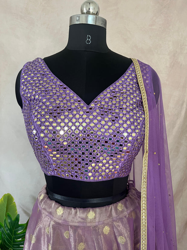 Lilac tissue silk lehanga with mirror work blouse