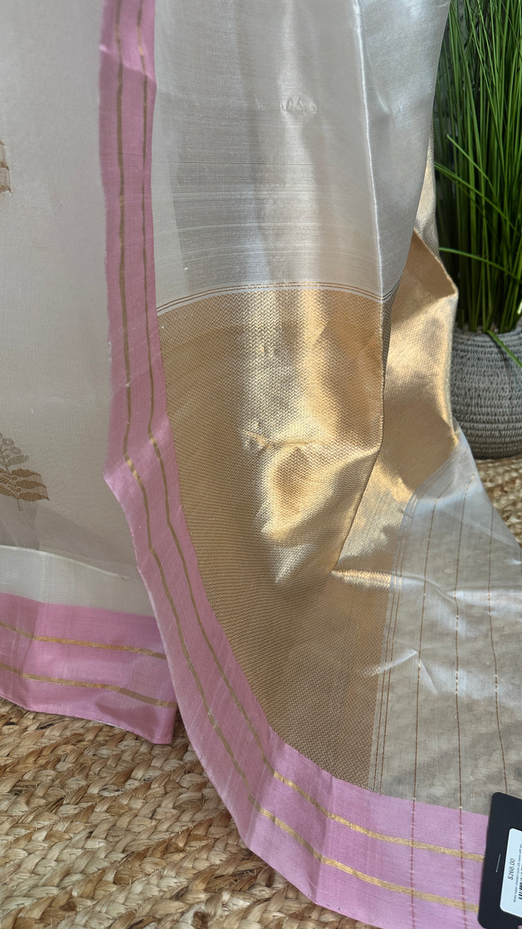 White chanderi pure silk saree with pink border, stitched blouse