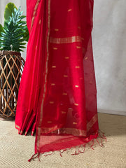 Pure Red Maheshwari silk saree with stitched blouse