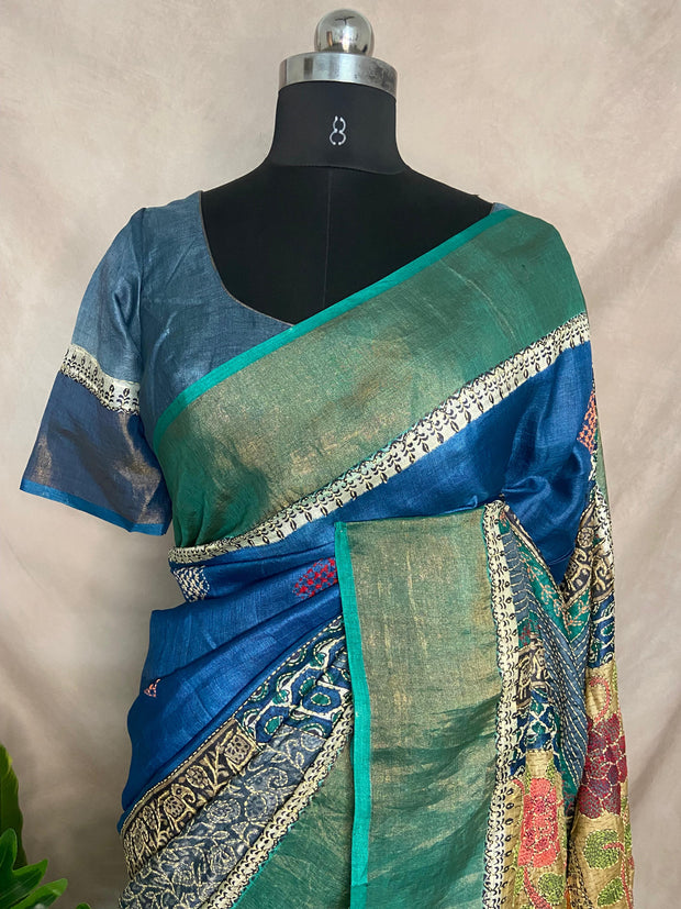 Pure tussar silk saree with Kantha work and stitched blouse