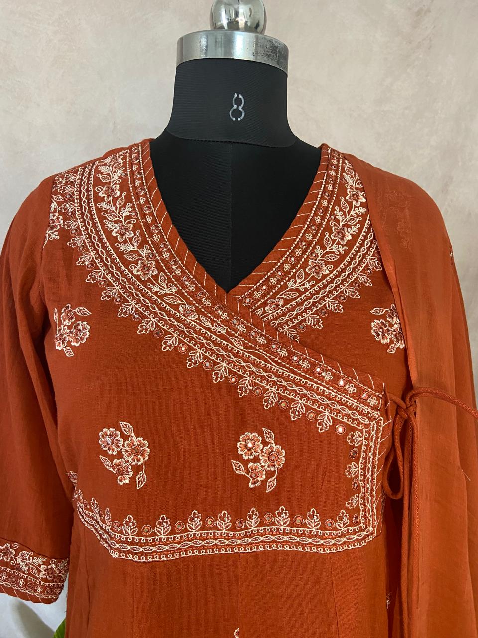 Rust orange ankhara kurti with bottom and dupatta