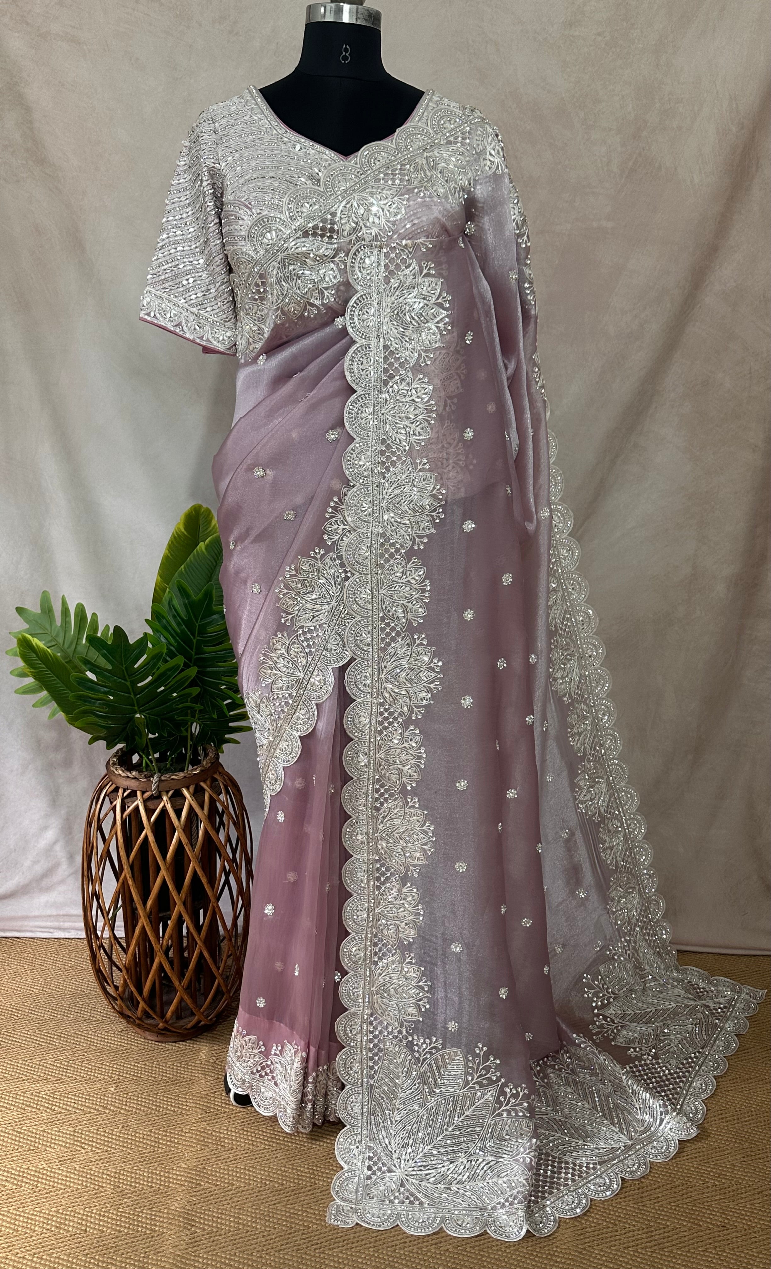 Lilac designer saree with stitched blouse and under skirt