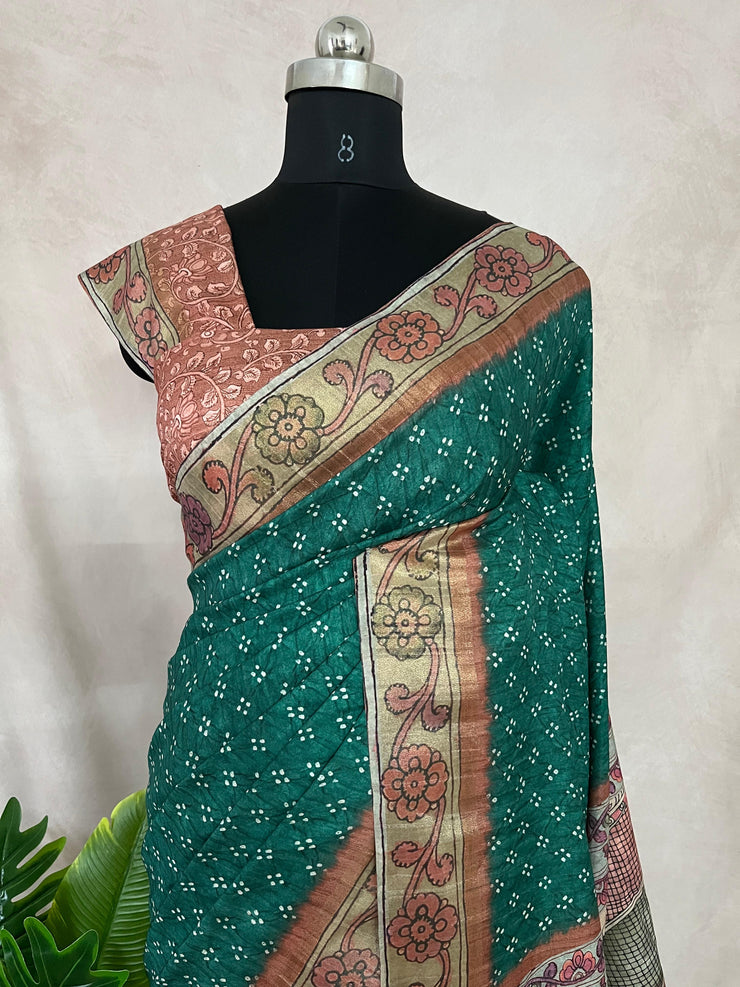 Semi tussar silk bandini and kalamkari print saree, with BP