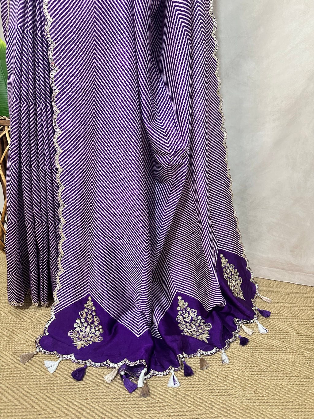 Lahariya printed tussar silk saree with handwork , stitched blouse