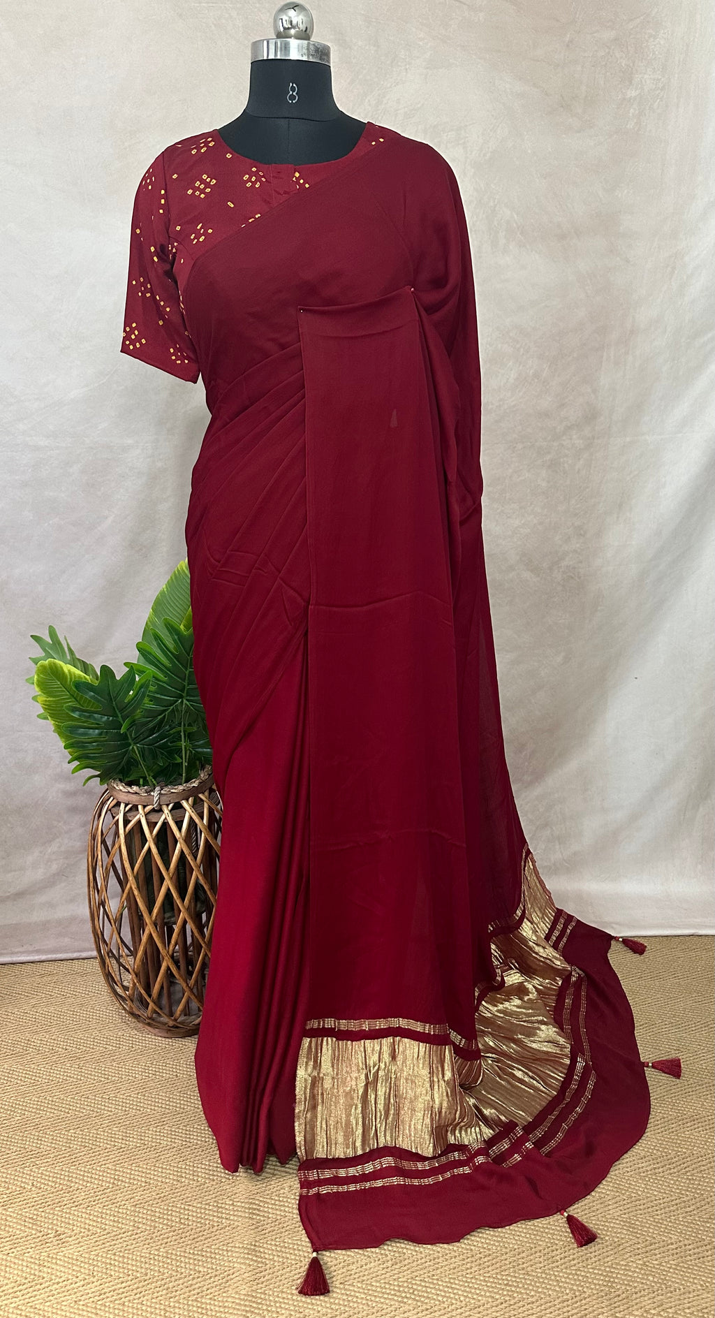 Crepe silk saree with bandini and kutch embroidery blouse