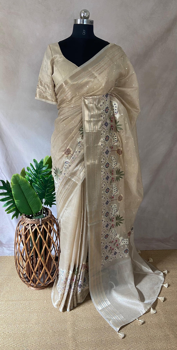 Tissue Kotta silk saree with mirror and Pitchwai work, with stitched blouse