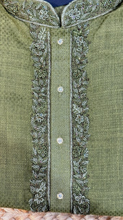 Olive green cotton silk kurta with hand emroidery - 40