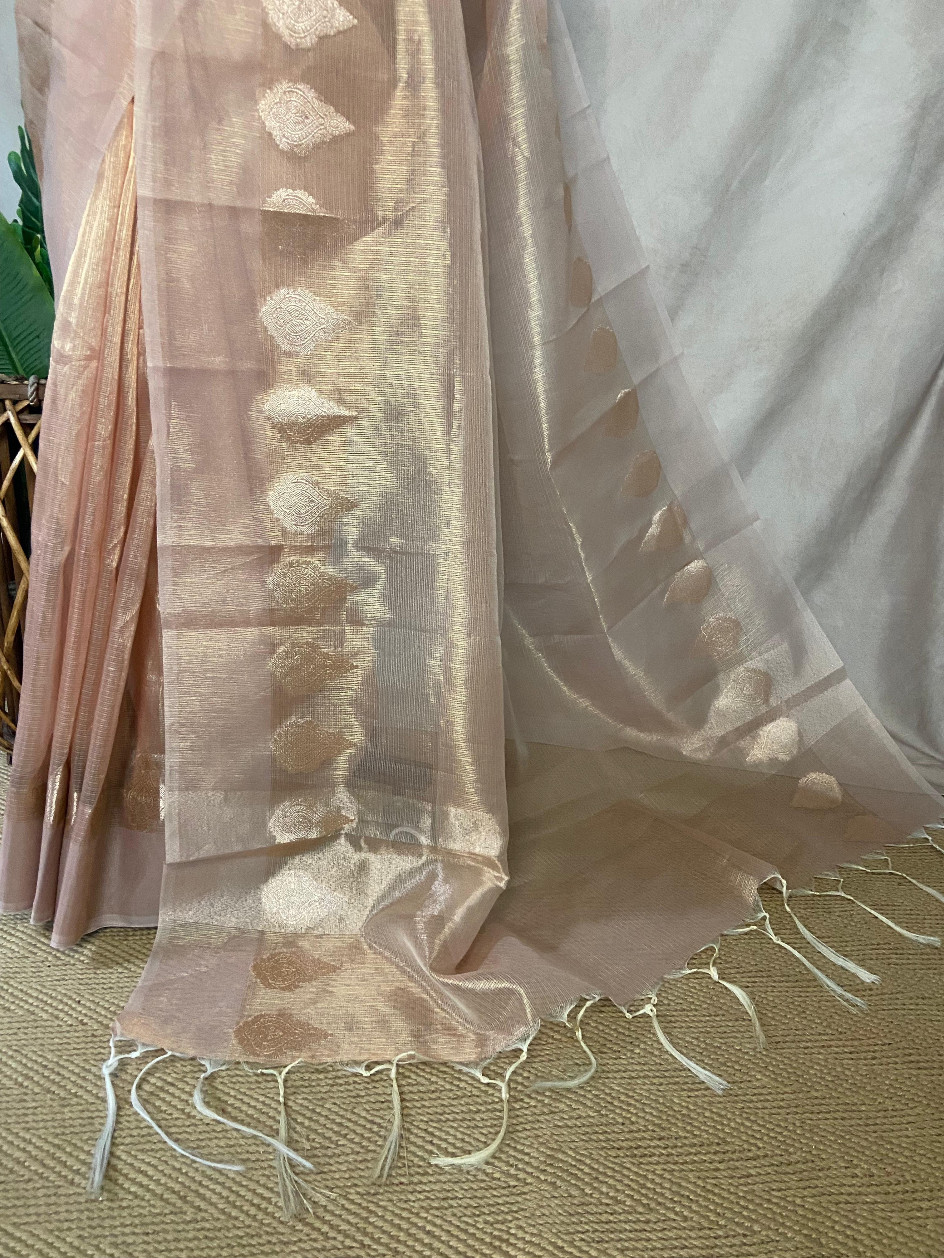 Light Peach Banarasi tissue cotton saree with BP