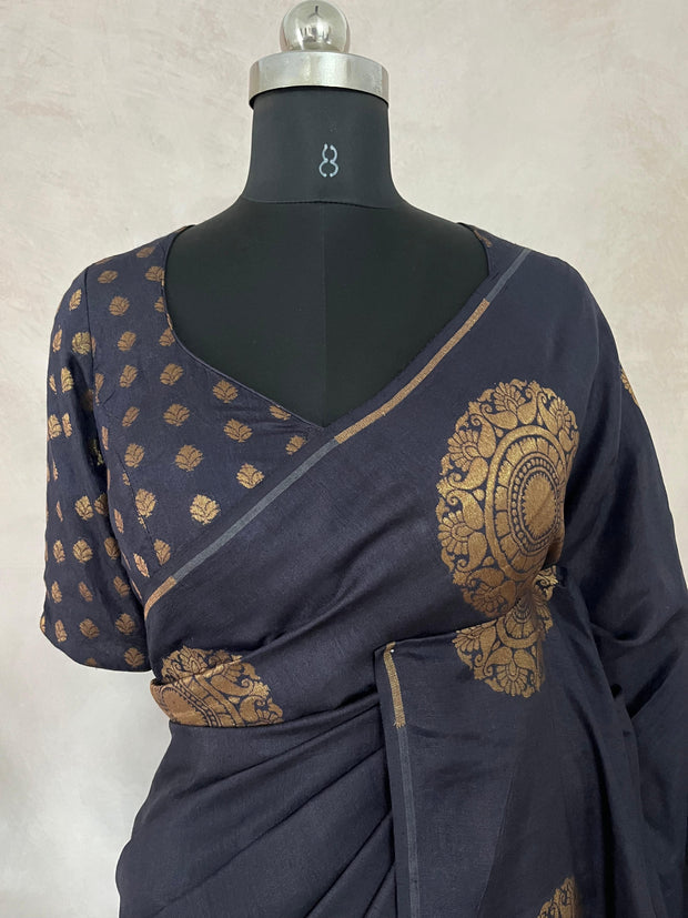 Black designer tussar georgette saree with stitched blouse