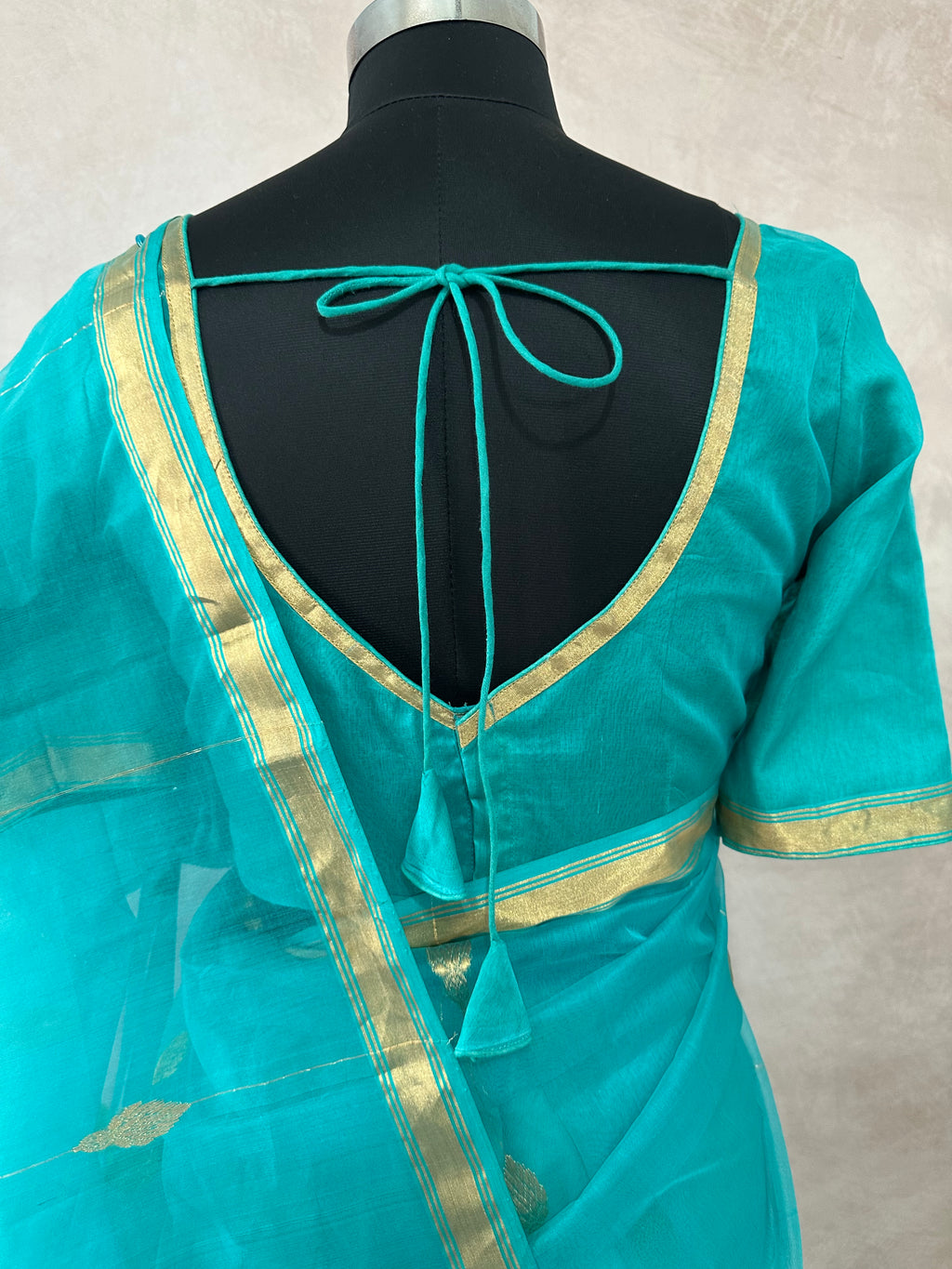 Copper sulfate blue chaneri saree with stitched blouse
