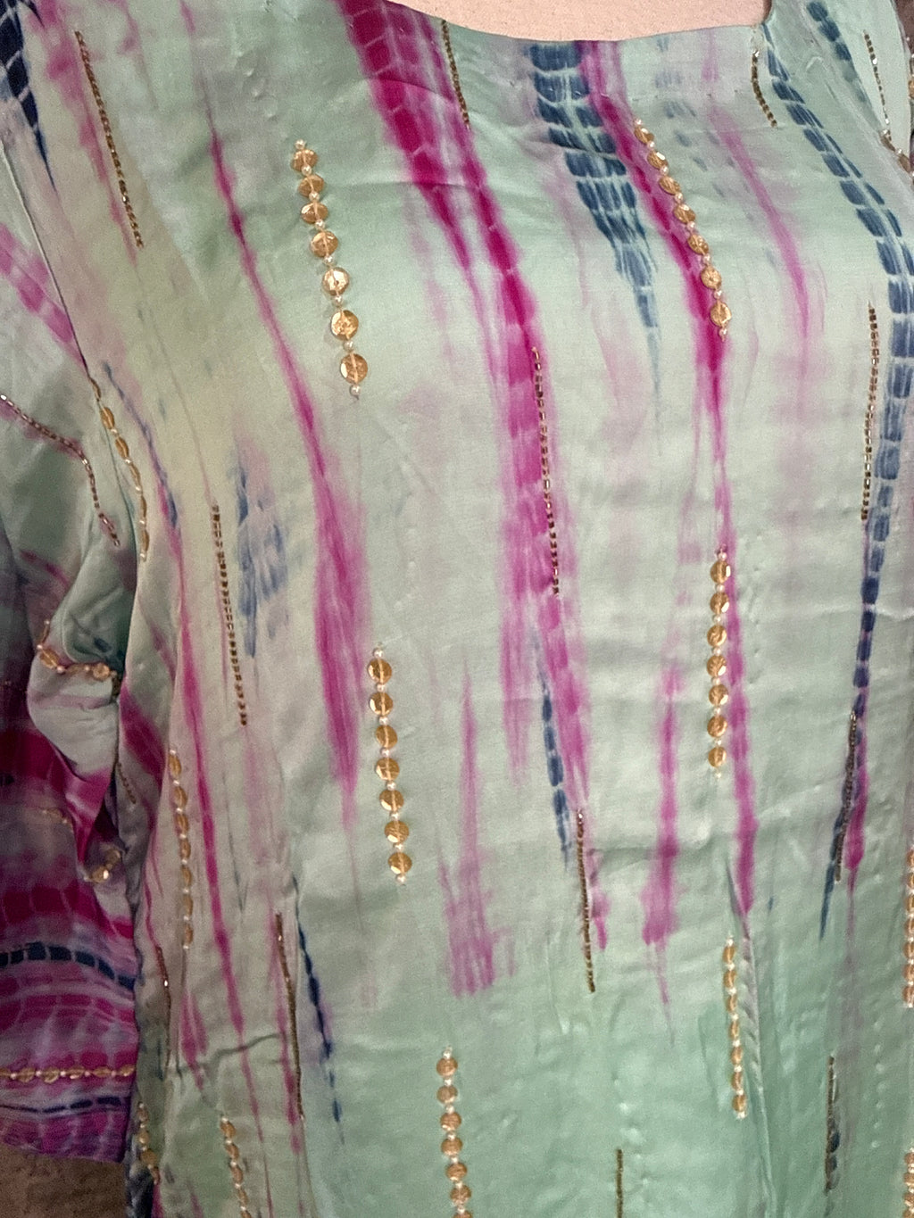 Modal silk shibori designer kurti with handwork and bottom