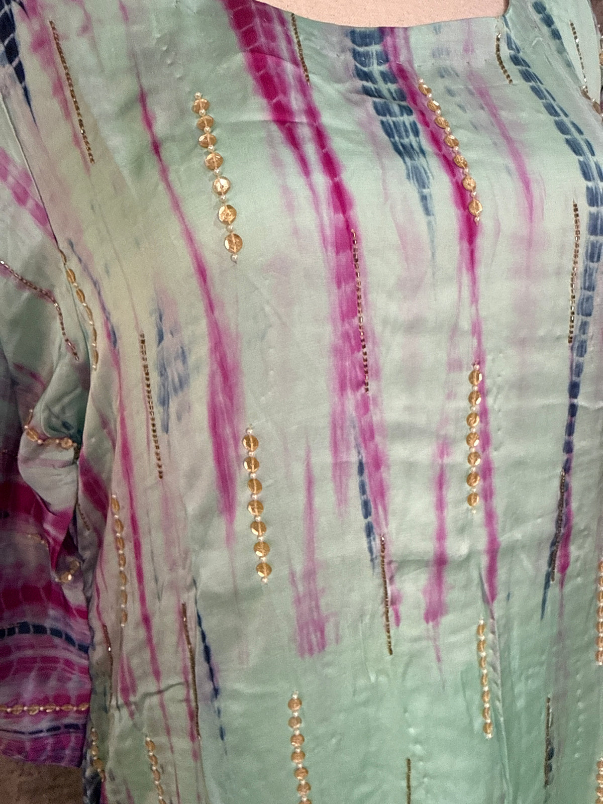 Modal silk shibori designer kurti with handwork and bottom