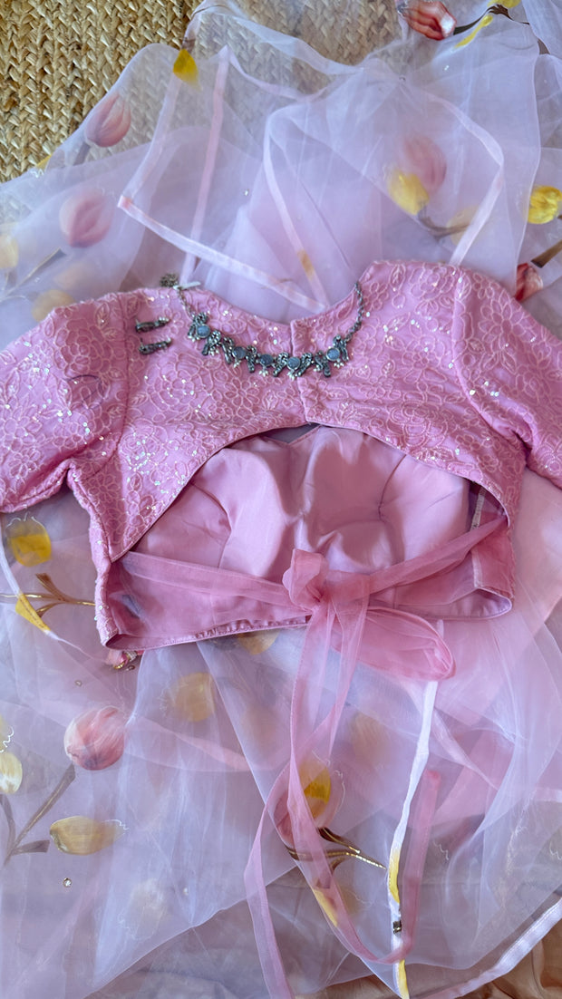 Hand painted light pink organza saree