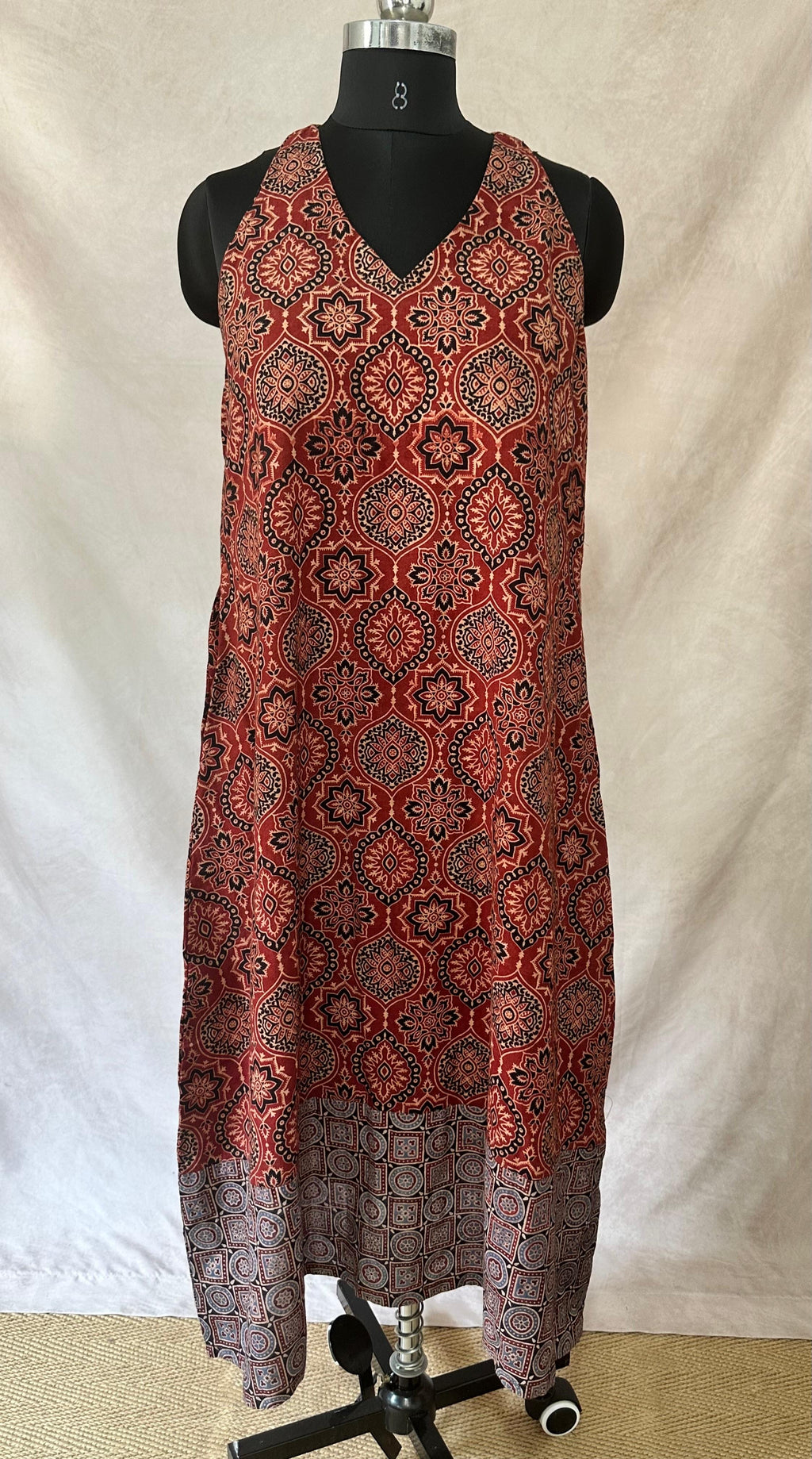 Red ajrakh hand block printed cotton sleeveless dress