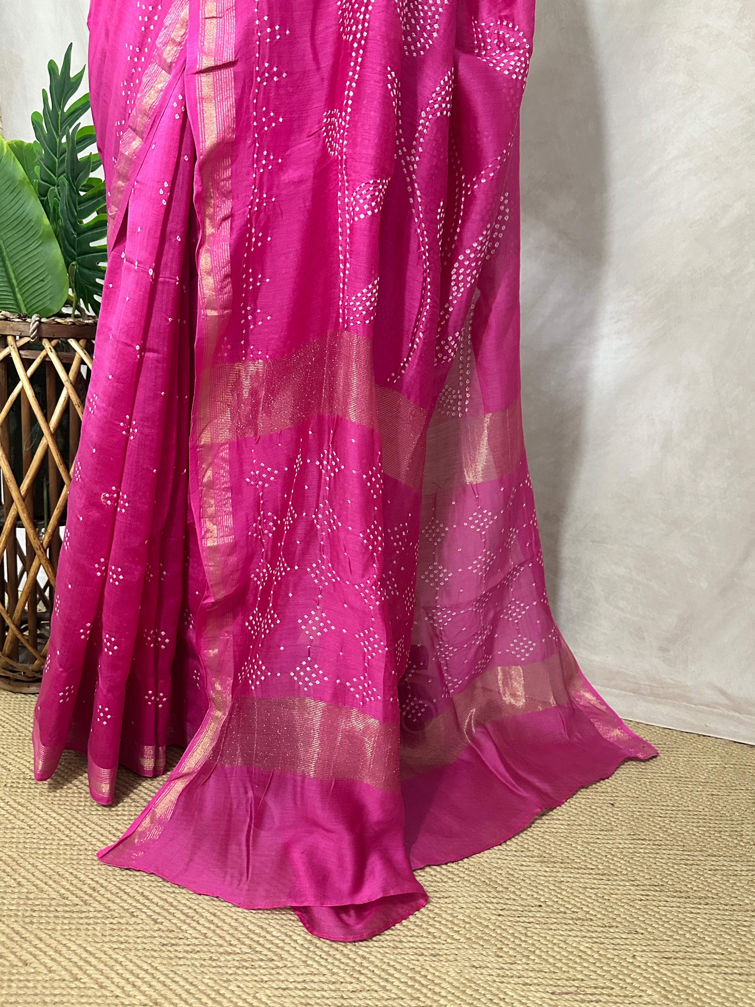 Designer rai bandhej chanderi saree with stitched blouse