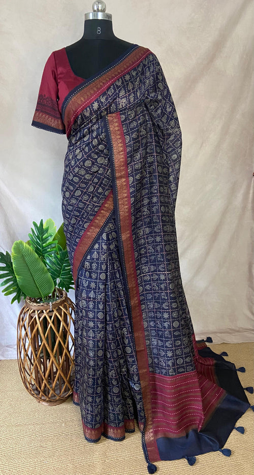 Blended tussar silk saree with stitched blouse