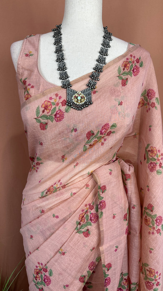 Tissue chanderi printed cotton saree with stitched blouse