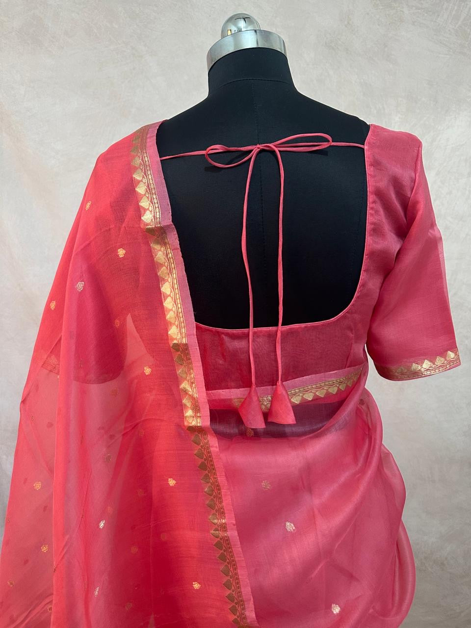 Kora silk saree with small border and stitched blouse and under skirt