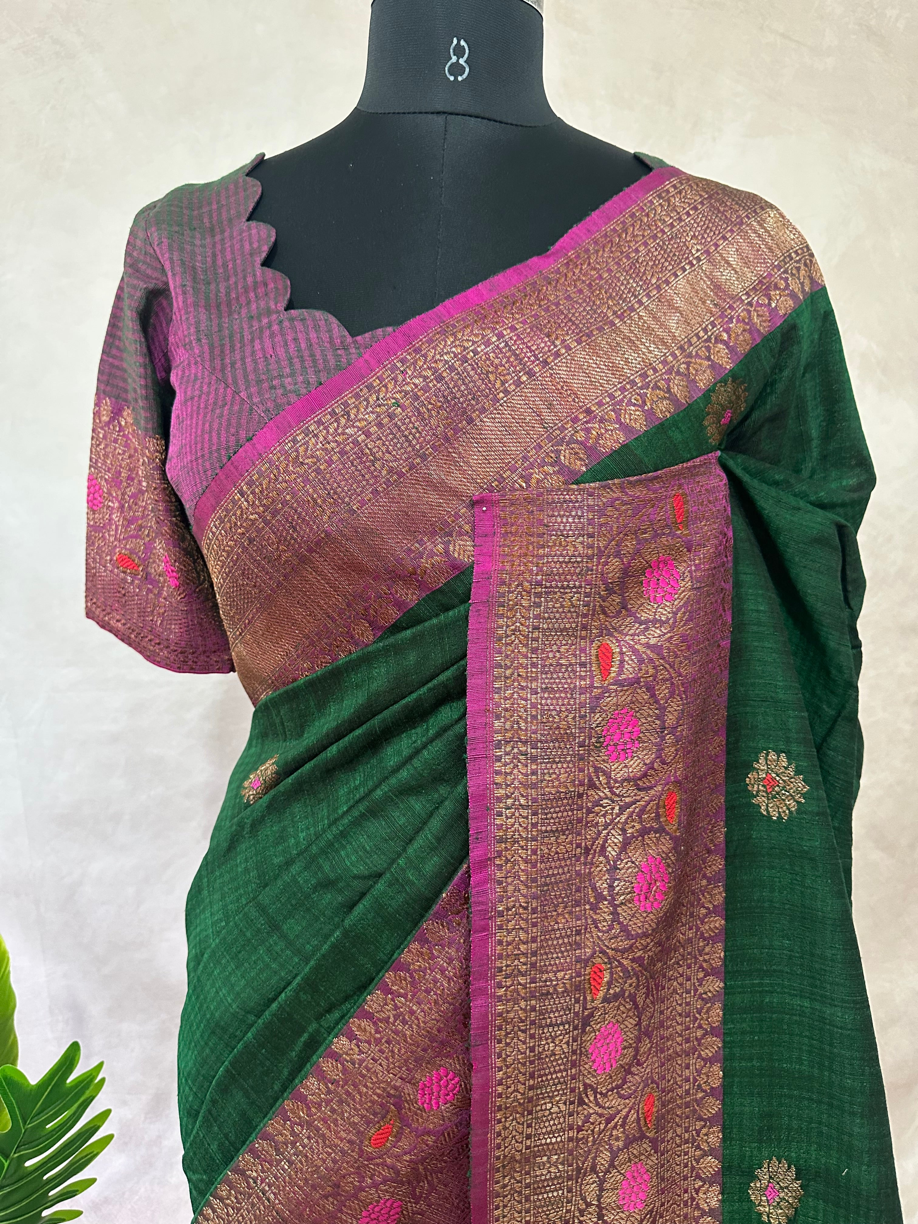 Bottle green dupion silk saree with meenakari weave and stitched blouse