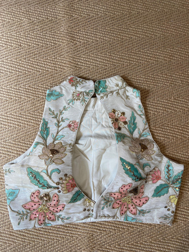 Off white tissue silk halter neck blouse