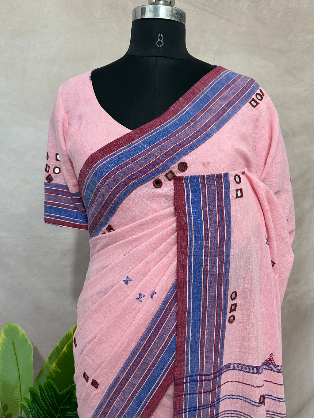 Organic Kala cotton handloom saree with mirror work , stitched blouse